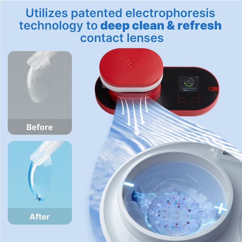 3N ReO2 Contact Lens Cleaner, Electrophoresis Technology, with Mirror and Tweezer, Deep Clean Soft Lens, Long-Term and Colored Contact Lens, Non-ultrasonic Cleaner (Red) - Image 2